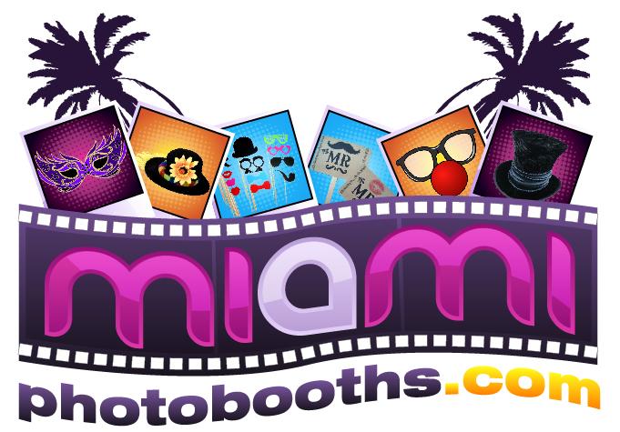 A colorful promotional graphic for "miami photobooths.com" featuring the word "miami" in bold purple letters on a film strip, with images of photo booth props like glasses and hats By www.powerparties.com