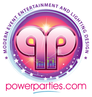 Logo of power parties featuring stylized "pp" with buildings, amidst a green gradient circle with stars, spotlights, and a stage-like design. The text includes "default kit elements and lighting design By www.powerparties.com