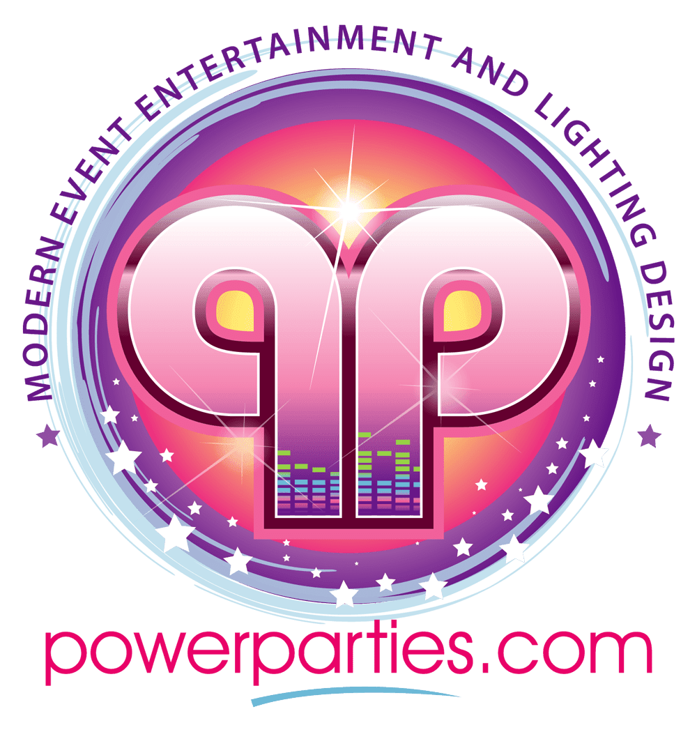 Logo of power parties featuring stylized "pp" with buildings, amidst a green gradient circle with stars, spotlights, and a stage-like design. The text includes "default kit elements and lighting design By www.powerparties.com
