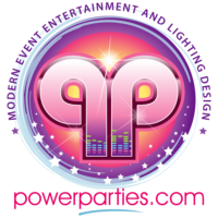 Logo of power parties featuring interlocked "p"s in a modern style within a bright, pink and purple circular frame, highlighted by a sparkling star, accompanied by the Elementor WordPress Header Design text below By www.powerparties.com